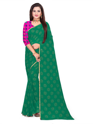 Aardiva Printed Daily Wear Cotton Blend Saree(Dark Green)