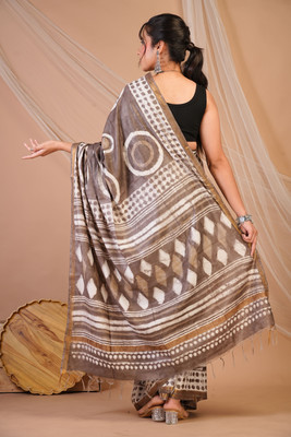 Anuttara Hand Painted Saree with Attached Blouse Cotton Silk Saree(Brown)