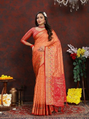 Niwaa Printed, Self Design, Embellished, Woven, Animal Print, Blocked Printed Paithani Jacquard, Silk Blend Saree(Orange)