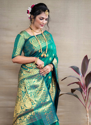 Avaki Self Design Banarasi Jacquard Saree(Light Green)