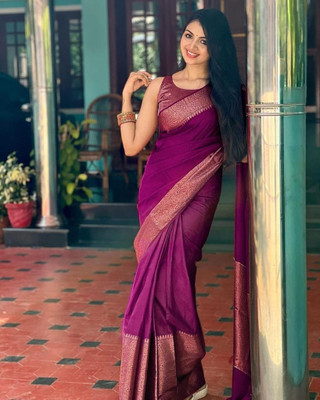 Rudr Venture Digital Print Banarasi Silk Blend Saree(Purple)