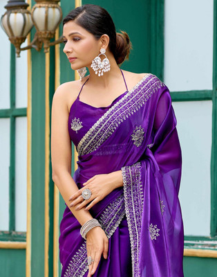 Satrani Embellished, Embroidered Bollywood Jimmy choo, Tissue Saree(Purple)