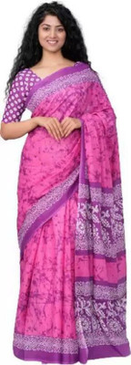 Clothonus Blocked Printed, Hand Painted, Printed, Self Design, Graphic Print Ikkat Pure Cotton Saree(Purple)