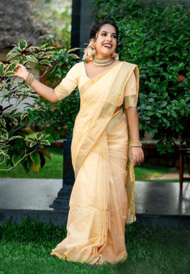 BilloRani Solid/Plain Kasavu Pure Cotton Saree(Beige)