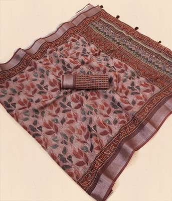 Mugdarra Geometric Print Daily Wear Linen Saree(Cream)