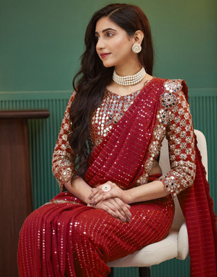 Satrani Embellished, Embroidered, Self Design Bollywood Georgette Saree(Red)