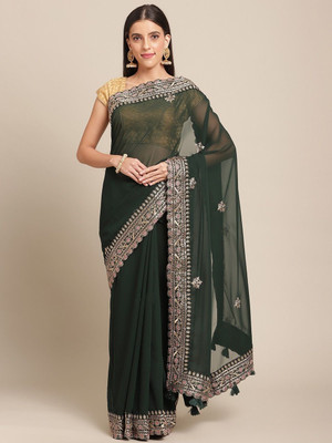 ANOUK Embroidered Saree with Attached Blouse Georgette Saree(Green)