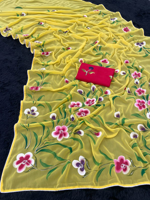 Triveni Fab Hand Painted Bollywood Georgette Saree(Yellow)