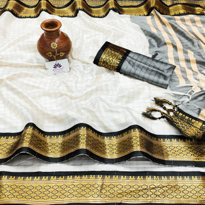 sanvi Woven, Checkered, Embellished, Self Design Daily Wear Jacquard, Cotton Silk Saree(White, Black)