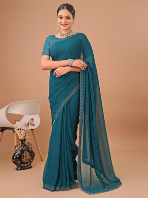 Leelavati Embellished Bollywood Chiffon Saree(Light Blue)