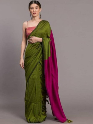 DHRITI Solid/Plain Handloom Cotton Blend Saree(Light Green)