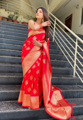 SIDDHESHWAR Self Design Assam Silk Lycra Blend Saree(Red)