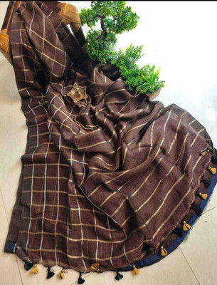 sahatextiledam Checkered Handloom Linen Saree(Brown)