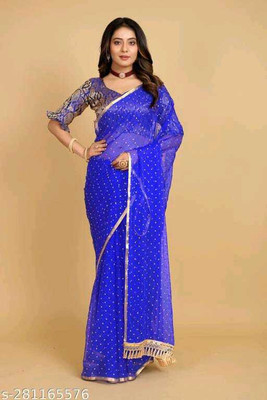 Triveni Fab Polka Print Daily Wear Chiffon Saree(Blue)