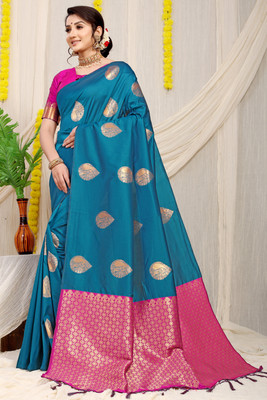 sarjan creation Self Design Kanjivaram Jacquard Saree(Light Blue)