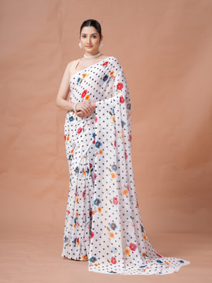 GARDEN VARELI Printed Bollywood Georgette Saree(White)