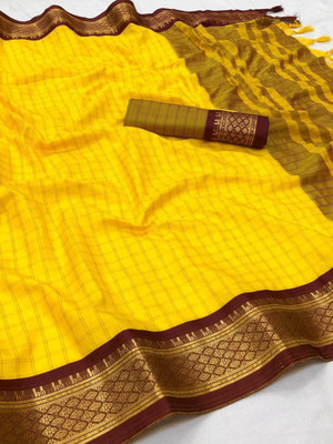 Bombey Velvat Fab Woven Paithani Cotton Silk, Satin Saree(Yellow)