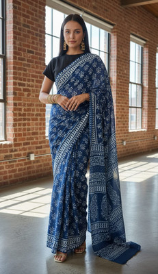 Govind Hand Printers Blocked Printed Daily Wear Mulmul Saree(Blue)