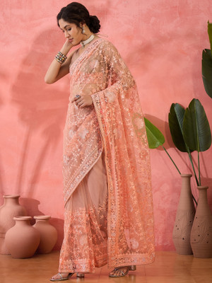 Sangria Embroidered Saree with Attached Blouse Net Saree(Pink)