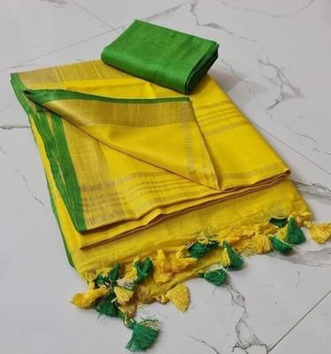 WEAVE TRENDS Solid/Plain, Self Design Daily Wear Cotton Linen Saree(Yellow, Green)