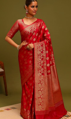 AJMERA Animal Print, Floral Print, Checkered Bollywood Silk Blend Saree(Gold, Red)