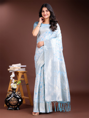 ASTITA Woven Saree with Attached Blouse Cotton Linen Saree(Light Blue)