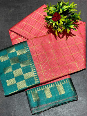 JbWorld Self Design, Woven, Checkered Chettinadu Cotton Silk, Pure Silk Saree(Orange, Light Green)