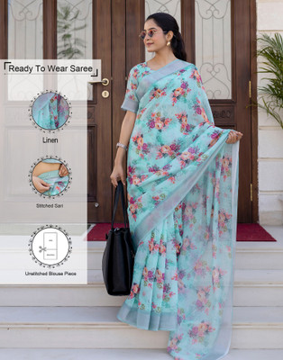 Samah Floral Print, Woven, Embellished Bollywood Linen Saree(Blue)