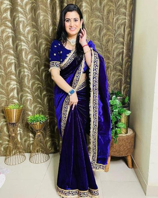 Bharodiya Enterprises Solid/Plain Bollywood Velvet Saree(Blue)