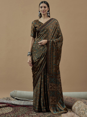 Sareemall Printed Hand Batik Crepe Saree(Brown)
