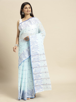 TANTLOOM Floral Print Handloom Handloom Pure Cotton Saree(Blue)