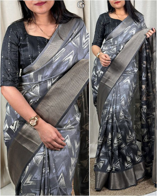 Dhanlaxmi CreationLLP Geometric Print Bollywood Handloom Cotton Silk, Crepe Saree(Grey)