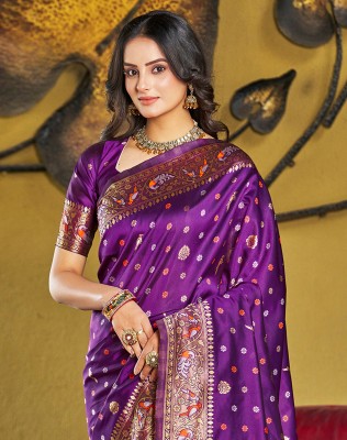 SIRIL Woven, Embellished, Self Design Paithani Art Silk Saree(Purple, Gold)