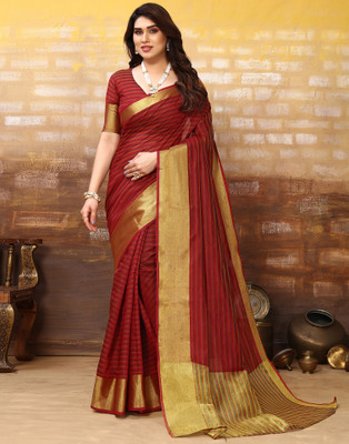 Samah Striped, Woven, Embellished Kanjivaram Cotton Silk, Silk Blend Saree(Maroon, Multicolor)