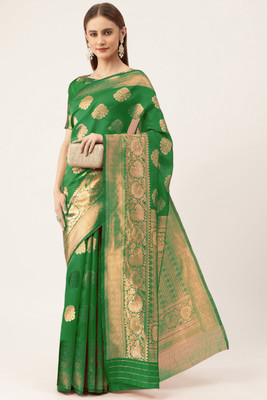 manvaa Woven Kanjivaram Silk Blend Saree(Green)
