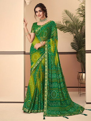 SainiVastra Printed Bandhani Chiffon Saree(Green)