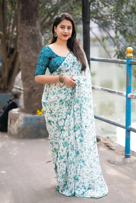 Shree Tradelink Printed Daily Wear Georgette Saree(Light Blue)