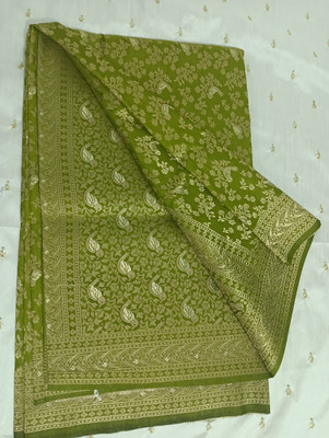georgette Woven, Floral Print, Self Design Banarasi Georgette Saree(Green)