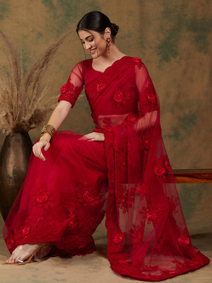 Sangria Embroidered Kalamkari Net Saree(Red)
