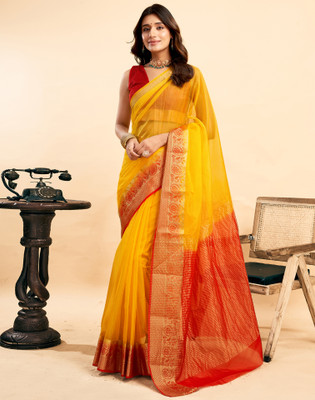 Samah Embellished, Striped, Woven Banarasi Organza Saree(Yellow, Red)