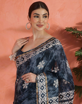 Satrani Floral Print Daily Wear Pure Cotton Saree(Grey, Dark Blue)