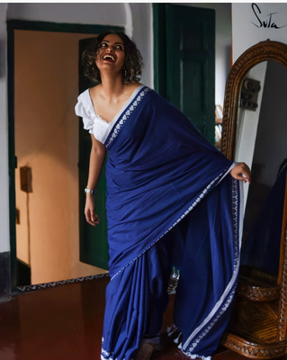Anjali textile Solid/Plain Handloom Pure Cotton Saree(Blue)