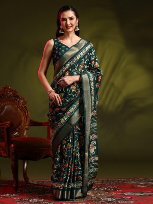 Sareemall Printed Madurai Silk Blend Saree(Dark Green)