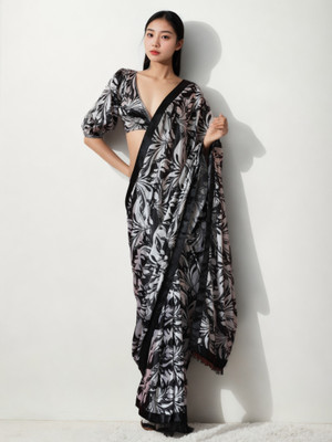 Divastri Printed Bollywood Silk Blend Saree(White, Black)