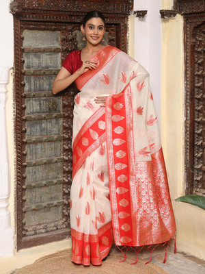 HouseOfCommon Woven Banarasi Cotton Linen Saree(White, Red)
