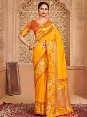 HouseOfCommon Woven Banarasi Silk Blend Saree(Yellow)