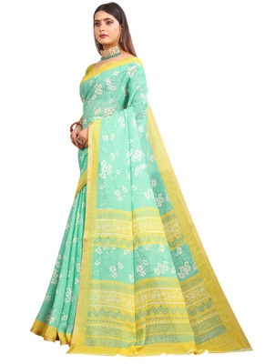 MAANVIT Printed Kanjivaram Pure Cotton, Cotton Linen Saree(Light Green)