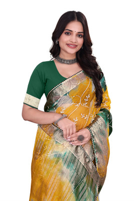 Aarunika SST Solid/Plain, Printed Bollywood Organza Saree(Green, Yellow)