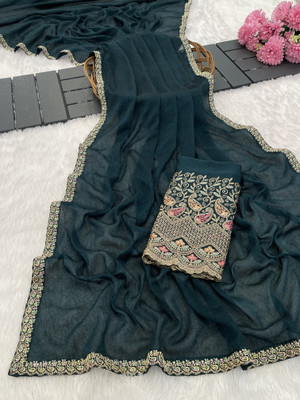 K 5 FASHION Embroidered, Solid/Plain Bollywood Chiffon Saree(Dark Blue)