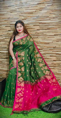 Shrutisareeghar Woven Handloom Cotton Blend Saree(Dark Green)